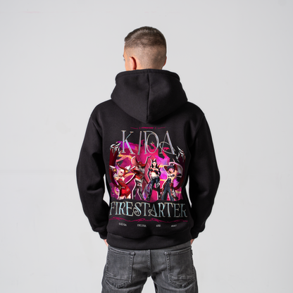 Firestarter K/DA hoodie in black – back view on model – League of Legends